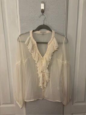 Vintage Boston Proper Ivory 100% Silk Ruffled Front Buttondown Size 4